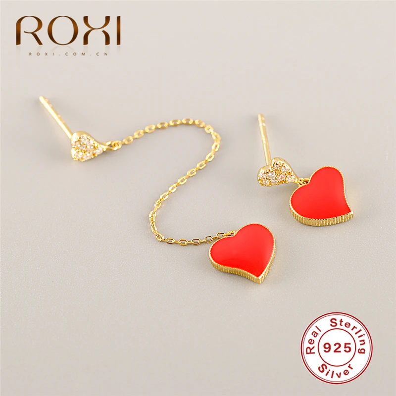 

ROXI Red Glaze Heart Long Tassel Drop Earrings Fashion Korean Asymmetric Earrings 925 Solid Sterling Silver Earrings for Women