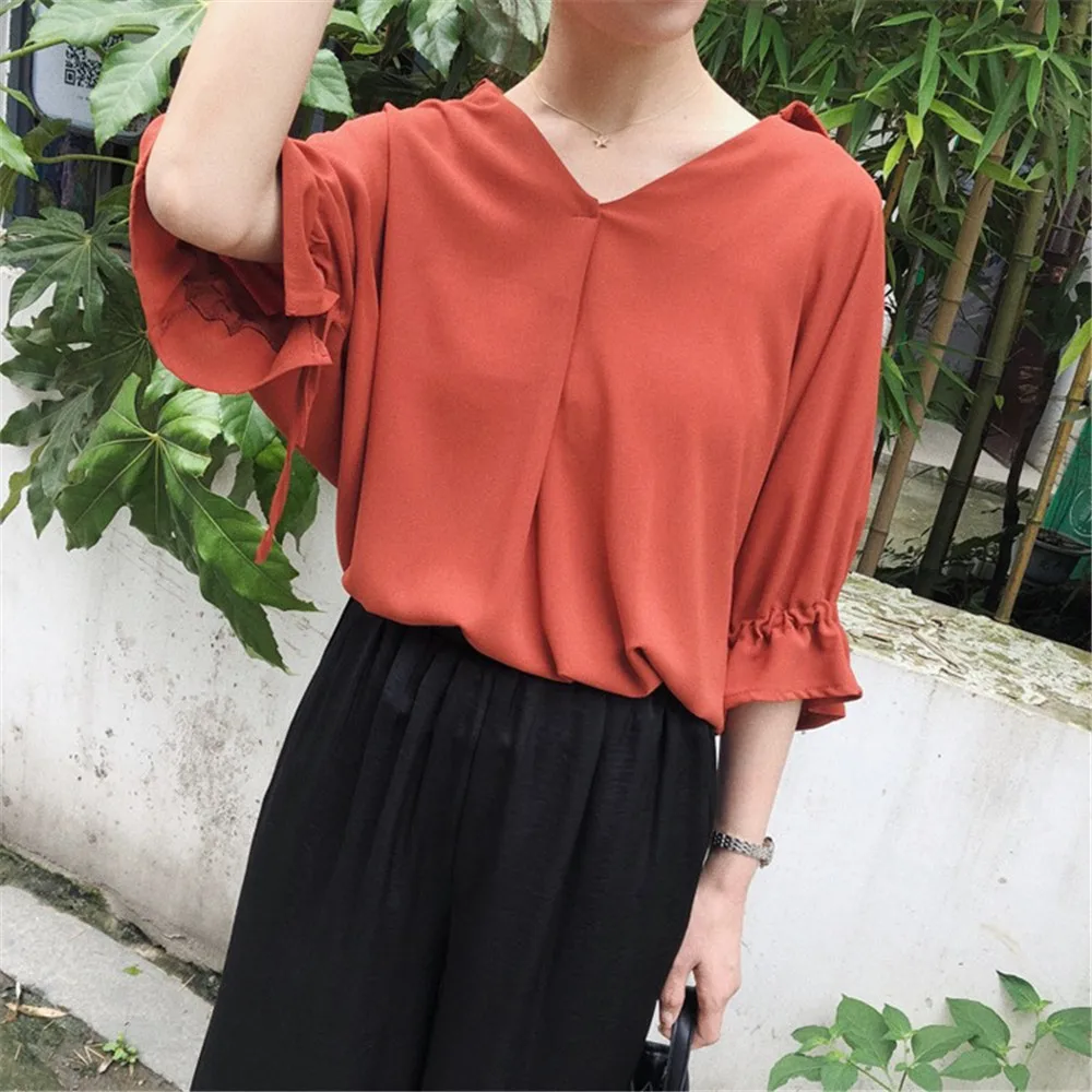 High quality Casual Chiffon V-neck Loose Shirt Office Wear 2018 White Women Blouse Shirt Half Batwing Sleeve Summer Elegant top (21)