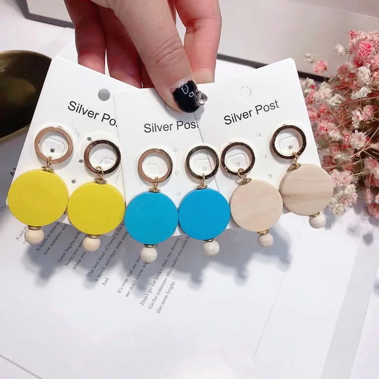 wood round earrings 925 silver post Hypoallergenic fadeless alloy fashion jewelry dangle earrings women gift