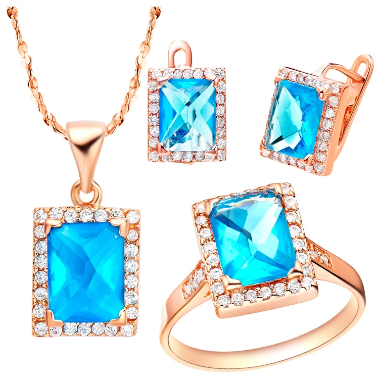 Uloveido квадратном каблуке, голубого, фиолетового с украшением в виде кристаллов каменный кубик украшения на свадьбу, годовщину Цепочки и ожерелья, подвеска, серьги, набор колец для Для женщин T149