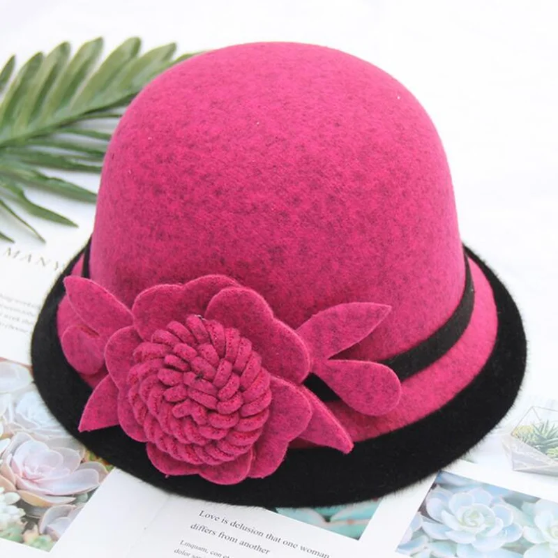 FEOYA Chapeau Melon Femme Rétro - Béret Floral En Laine - Taille Unique 57cm - Style Vintage