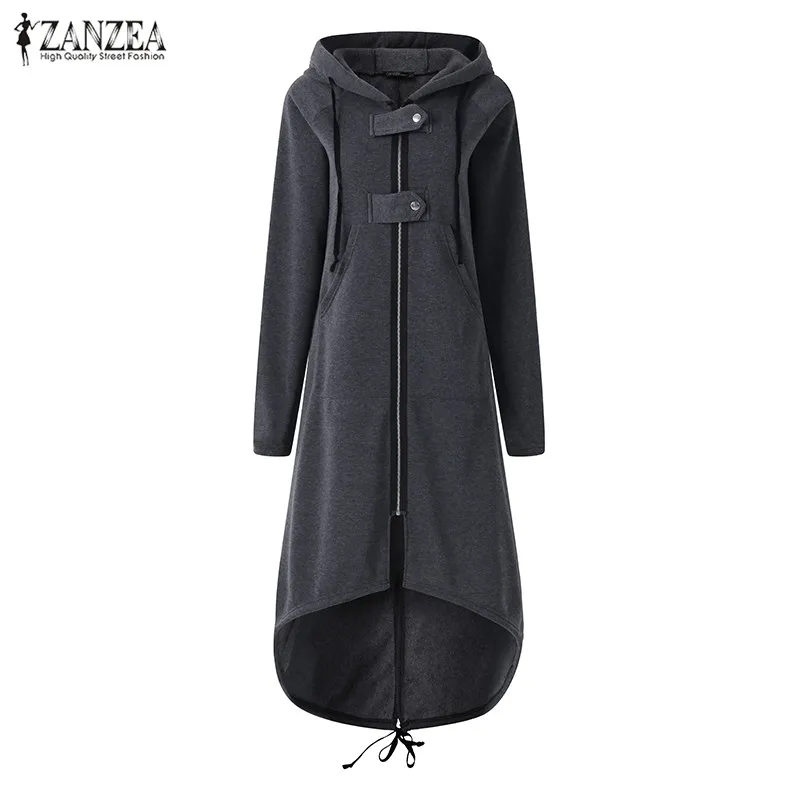 discounted ZANZEA 2019 Autumn Hooded Long Sleeve Zip Sweatshirt Hoodies Coat Women Solid Long Jacket Irregular