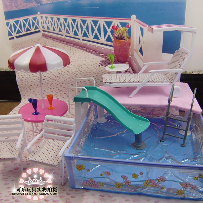 Doll aksesuarları barbie doll için toys havuzu büyük kare havuz şemsiye plaj sandalye barbie doll için can slayt havuzu set