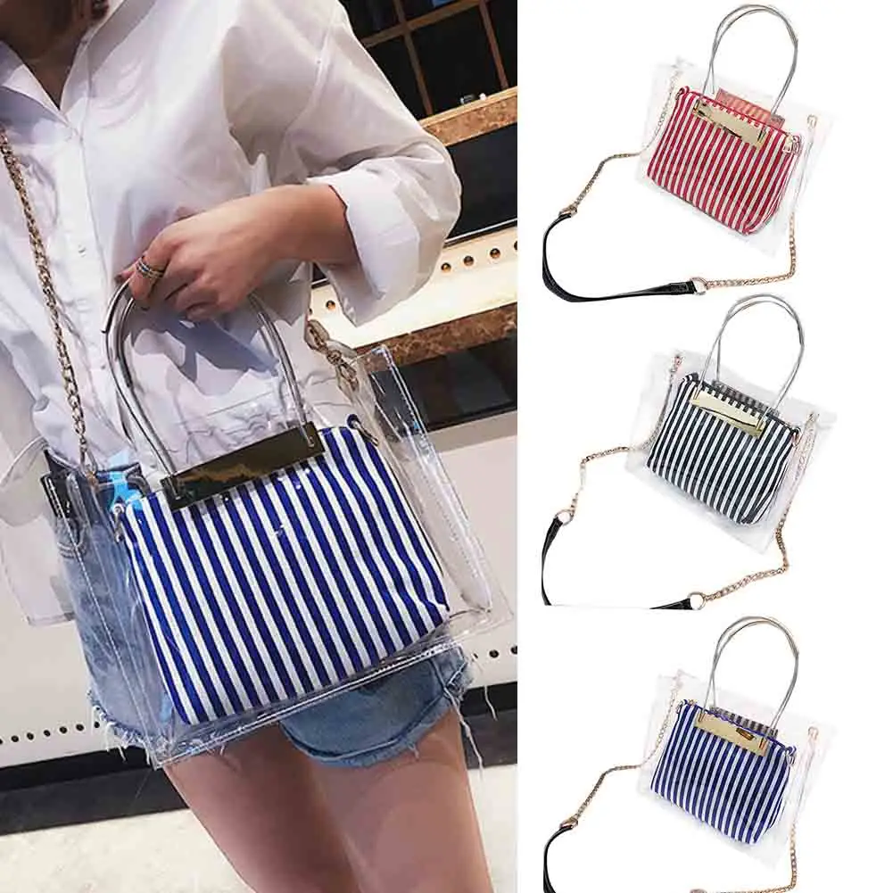 

SFG HOUSE 2Pcs/Set Women's Clear Transparent Shoulder Bags Jelly Striped Summer Beach bag Large Capacity Handbags Casual Totes