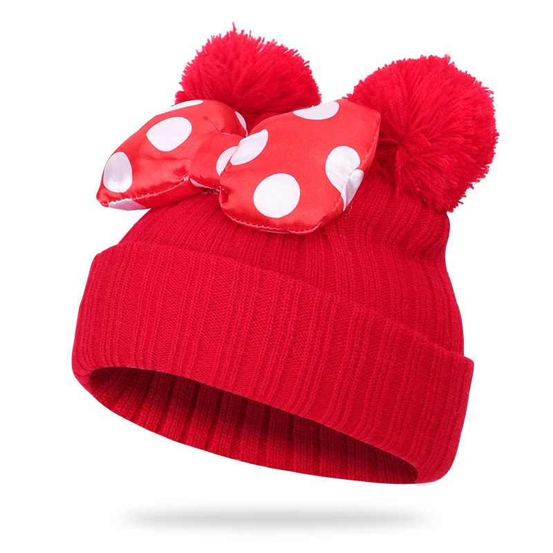 Детская вязаная шапка с бантом, мяч-клубок, Милая зимняя шапка для мальчиков и девочек, шапка с ушками, теплая уличная детская шапка в горошек - Цвет: Red