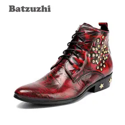 Batzuzhi осень-зима Мужские ботинки теплые модные Кожаные ботинки с острым носком Для мужчин цвет красного вина Каблучки со звездами мужская