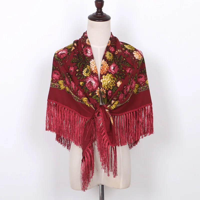 [FAITHINK] Модный женский шарф с цветочным принтом и кисточками, весенне-осенний квадратный палантин, мусульманский головной убор, хлопковое женское пончо с цветочным принтом