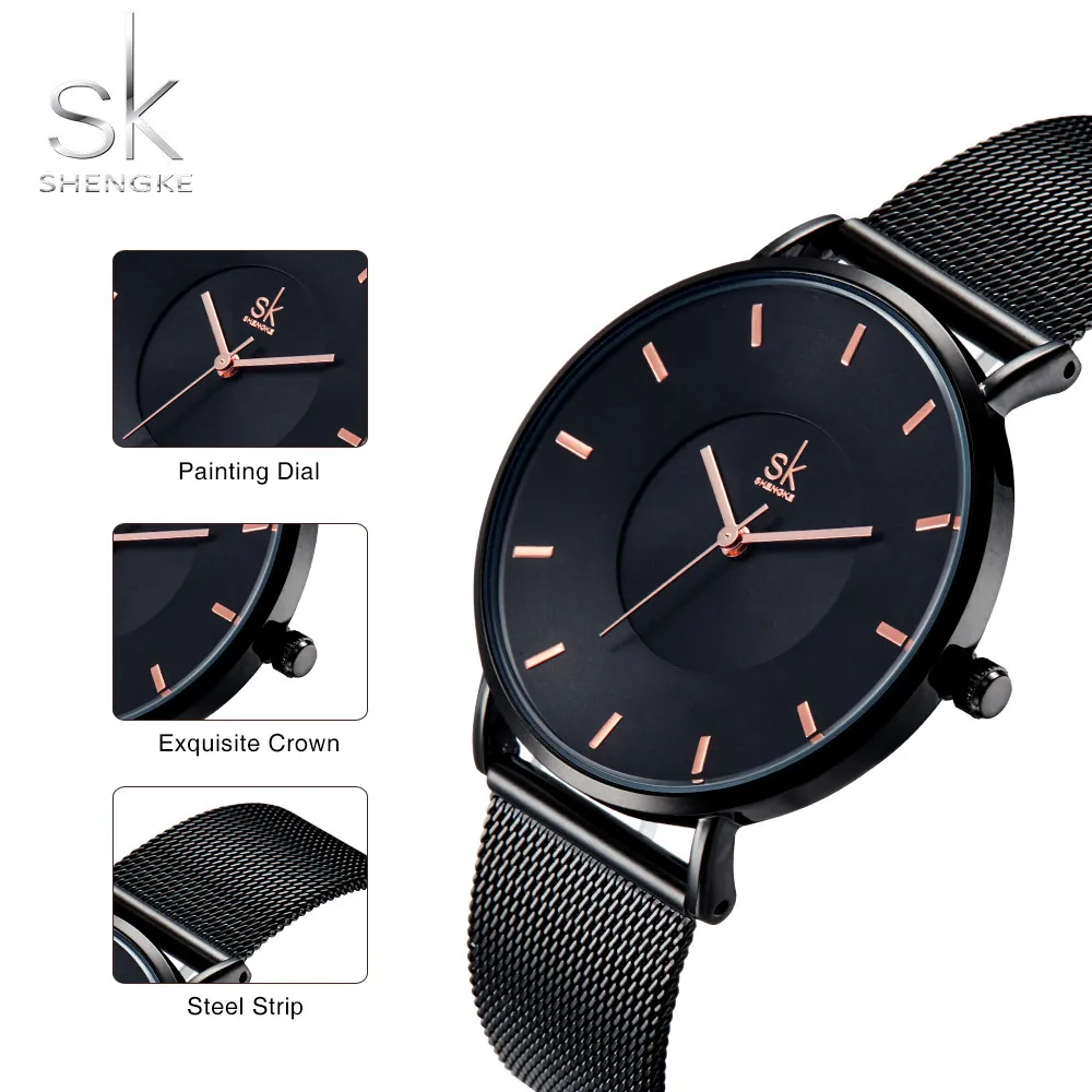 Koop Shengke Mode Zwarte Vrouwen Horloges 2017 Hoge Kwaliteit Ultra dunne Quartz Horloge Vrouw Elegante Jurk Dames Horloge Montre Femme SK