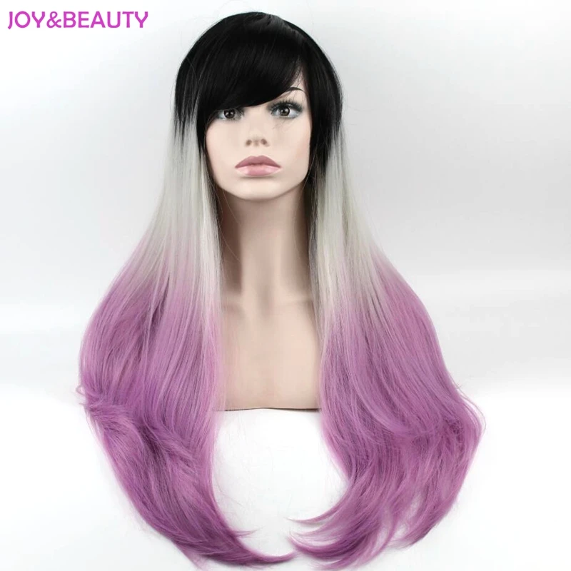 JOY& BEAUTY волосы косплей парик Омбре длинный кудрявый прямой парик высокая температура волокно натуральный черный/серый/фиолетовый парик длинный 27,5 дюймов