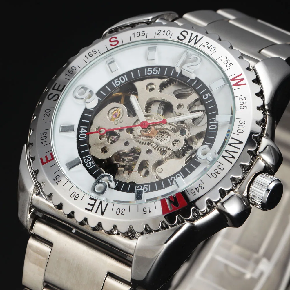 

Top Men's Fashion Rotate Case Chronograph Design Steel Band Skeleton Military Automatic Watch Men Mechancial Wristwatches Gift