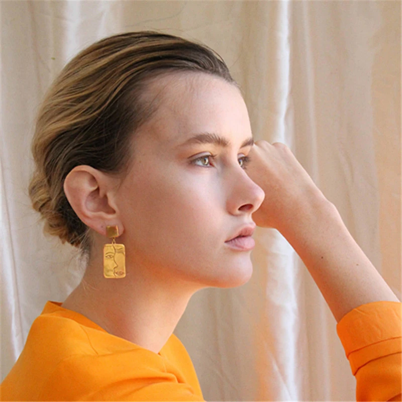 

SRCOI New Vintage Abstract Face Stud Earrings Geometric Square Lady Figure Coin Earrings For Women Gold Silver Color Party Gift