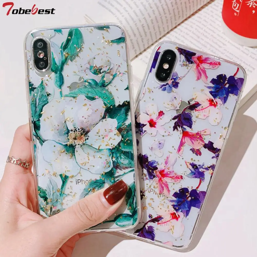

Floral Gold Foil Glitter Phone Case For iPhone X XS Max XR 8 7 6 6s Plus 8Plus XSMAX Flower Soft Silicone TPU Cases Cover
