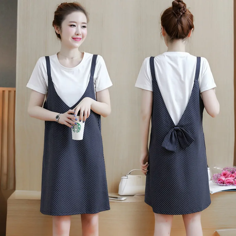 

Summer Maternity Dress Fashion Striped Sling Pregnancy Dress + T-shirt Two-piece Korean Version Of Loose Women's Dress Elegant
