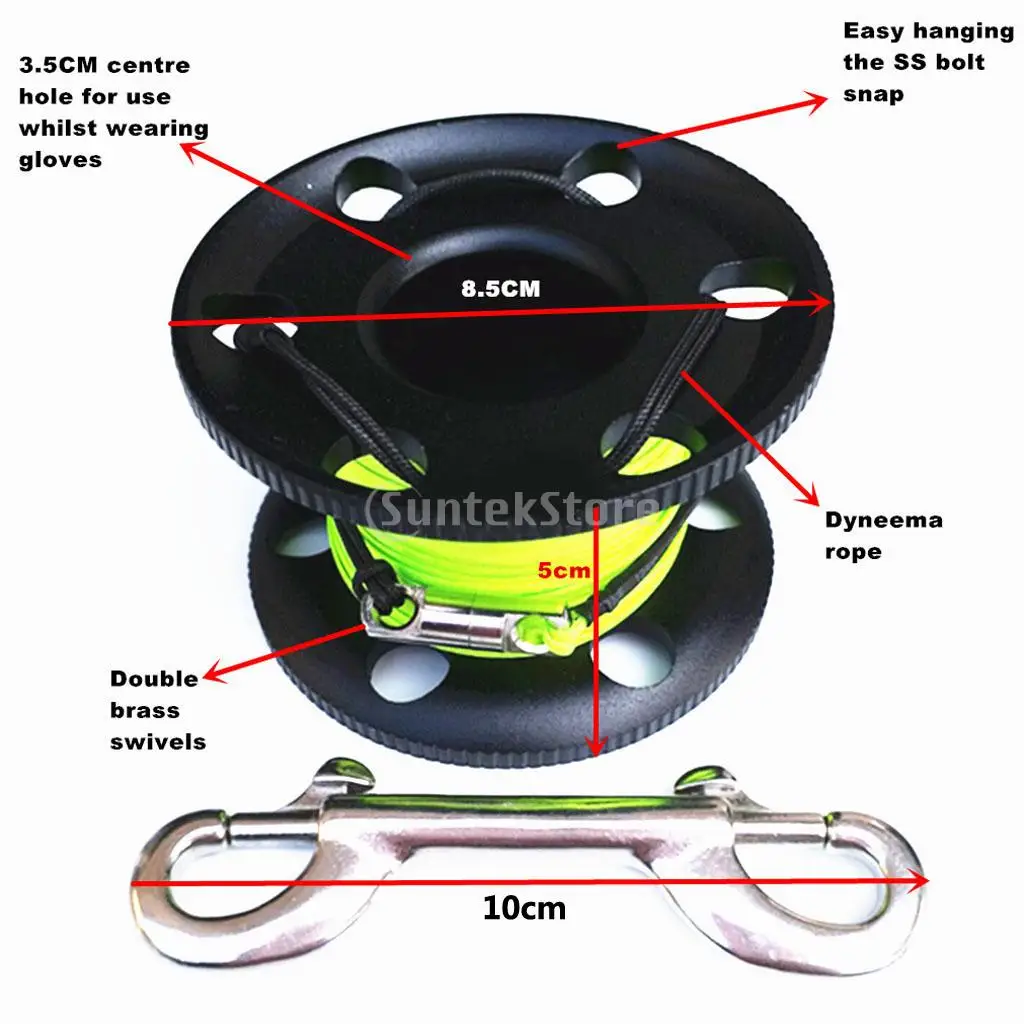 Scuba Diving Aluminum Alloy Finger Spool Guide Line Reel + 30m High Visibility Line & 10cm Stainless Steel Double End Bolt Snap