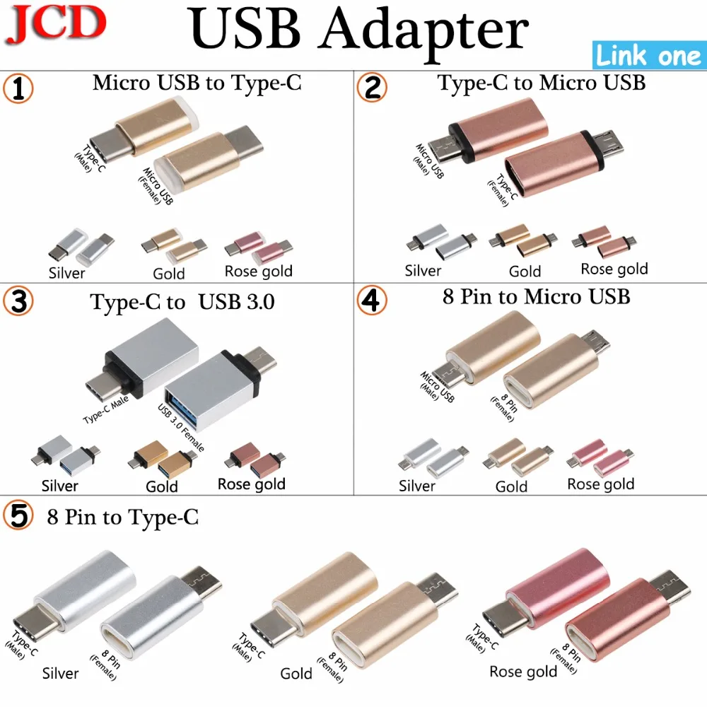 Jcd Micro Usb Maschio A Tipo C Micro Usb A Tipo C/ 8 Pin A Micro Usb/Tipo C Adattatore Convertitore Da Tipo C A Usb 3.0 Otg