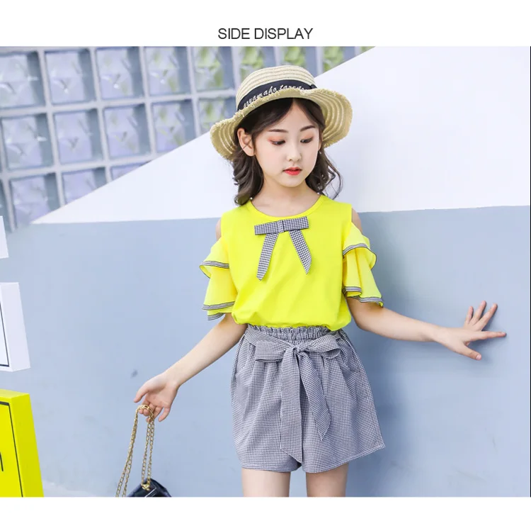 New Casual Teenage Girls Clothing Summer Fashion Bow Ruffle Sleeve Shirt Plaid Shorts Kids Clothes Set 2pcs Korean Children Suit (10)