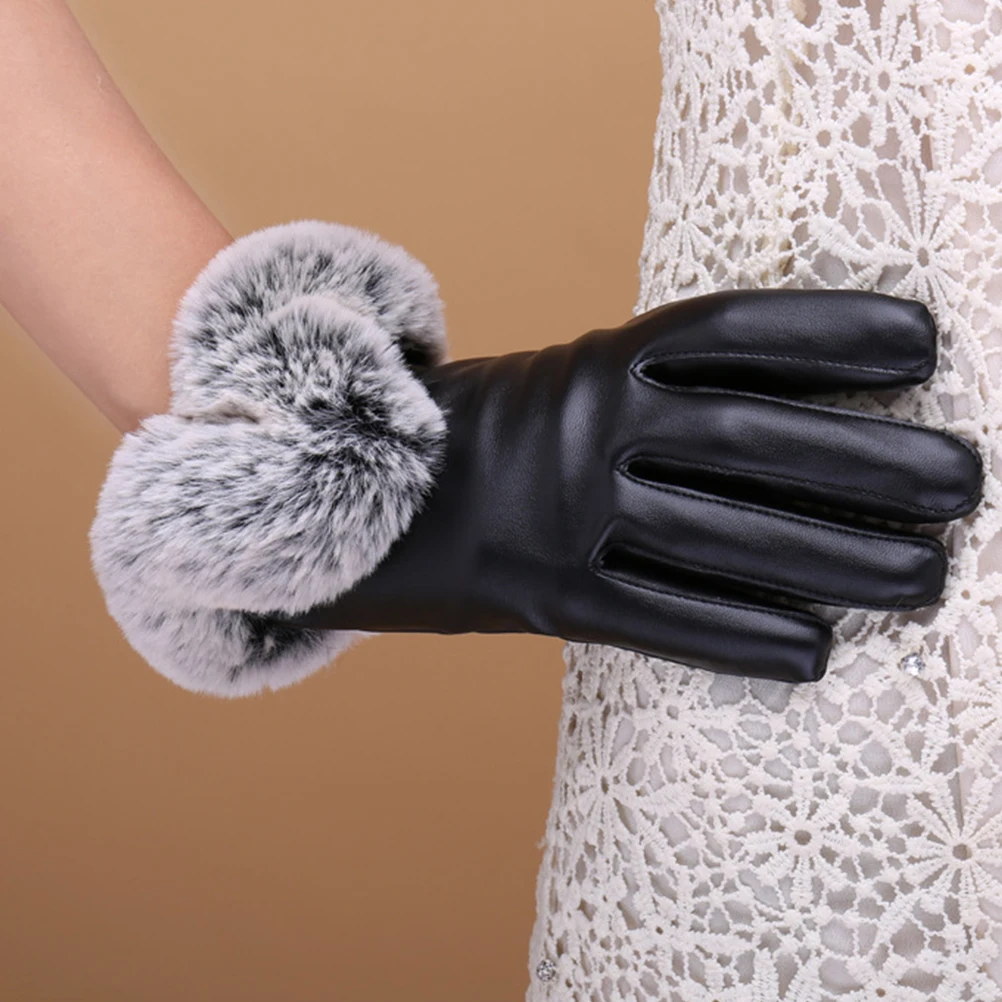 Kakaforsa Woman PU Leather Golves Femme Elegant Solid Pompom Mittens Winter Outdoor High Quality Warm Full Finger Glove