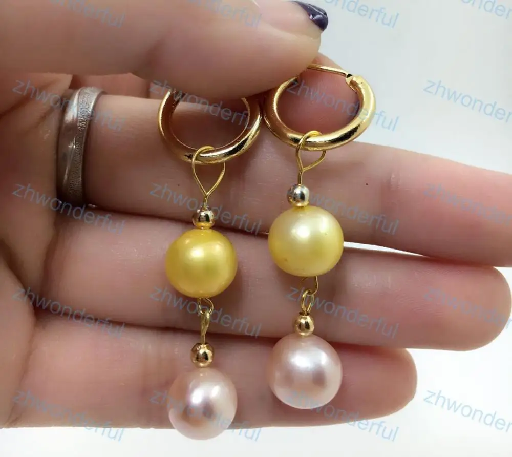 

Beautiful AAA 9-10mm Natural South Sea Golden with Pink Pearl Earrings 14k/20 Hoop