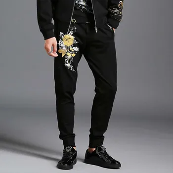 

Autumn Winter Slim Men Casual Pants Harem Sweat Pants Fashion Joggers Male Sweatpants Rose Flower Printing Stretch Trousers