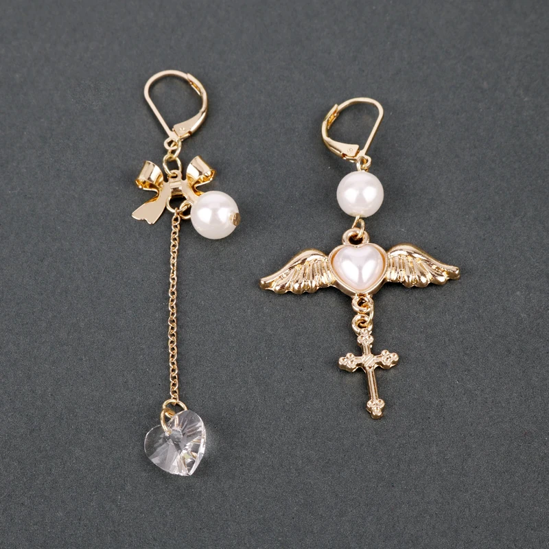 

MQCHUN Fashionable women angel wings Peach heart cross imitation pearl earrings anime cardcaptor sakura drop earrings jewelry