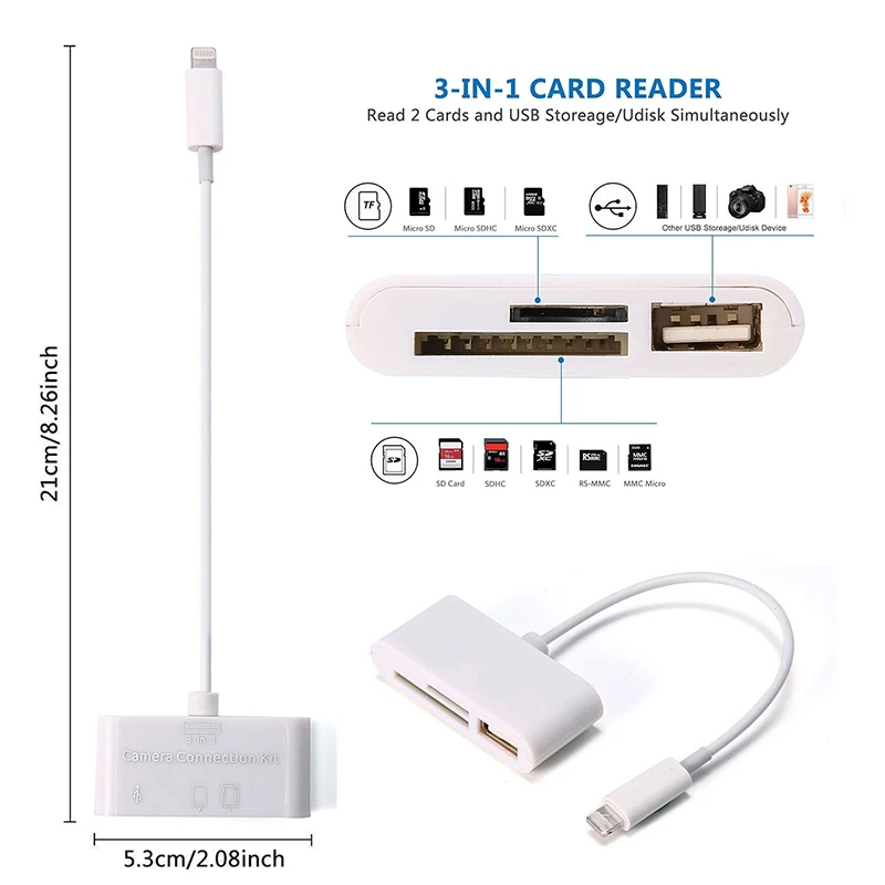 

1pc 3 in 1 Card Reader for Tablet iPad 4 Mini IOS 11 Micro SD SD MMC TF Card Reader USB OTG Cable Adapter Camera Connection