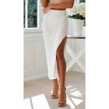 Женские летние полосатые юбки сексуальная высокая талия длинная юбка с разрезами Femme модная эластичная талия Твердые офисные женские юбки Jupe Femme