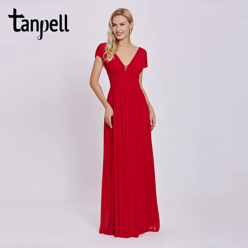 Tanpell v вырезом вечернее платье Красный бисером cap рукава Длина пола линии платья дешевые женские Empire Prom Формальное вечернее платье