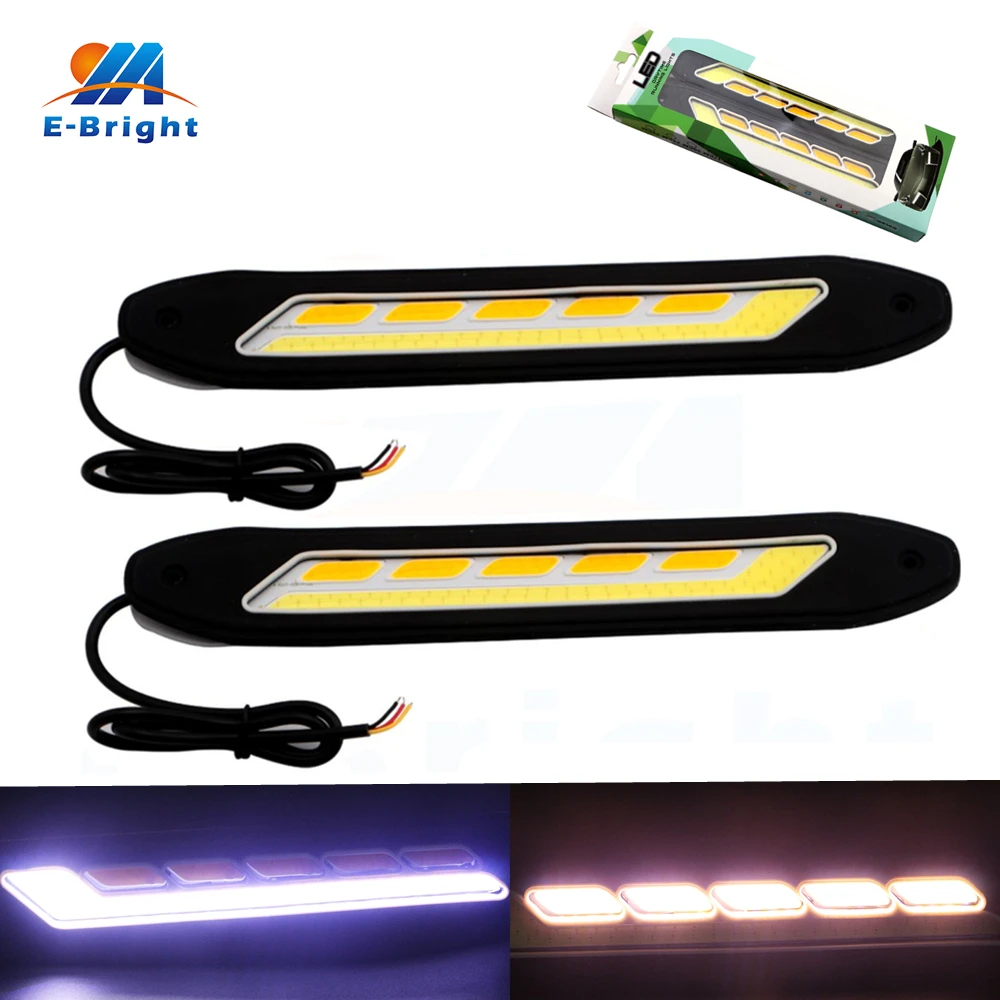 1Pair COB LED DRL Daytime Running Lights White with Yellow Turn Signal Driving font b Lamp