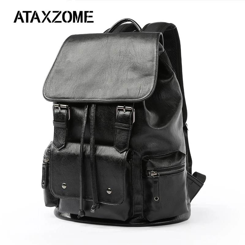 

ATAXZONE High Quality PU Men's Shoulder Bag Waterproof Travel Backpack Student Backpack Black 6001