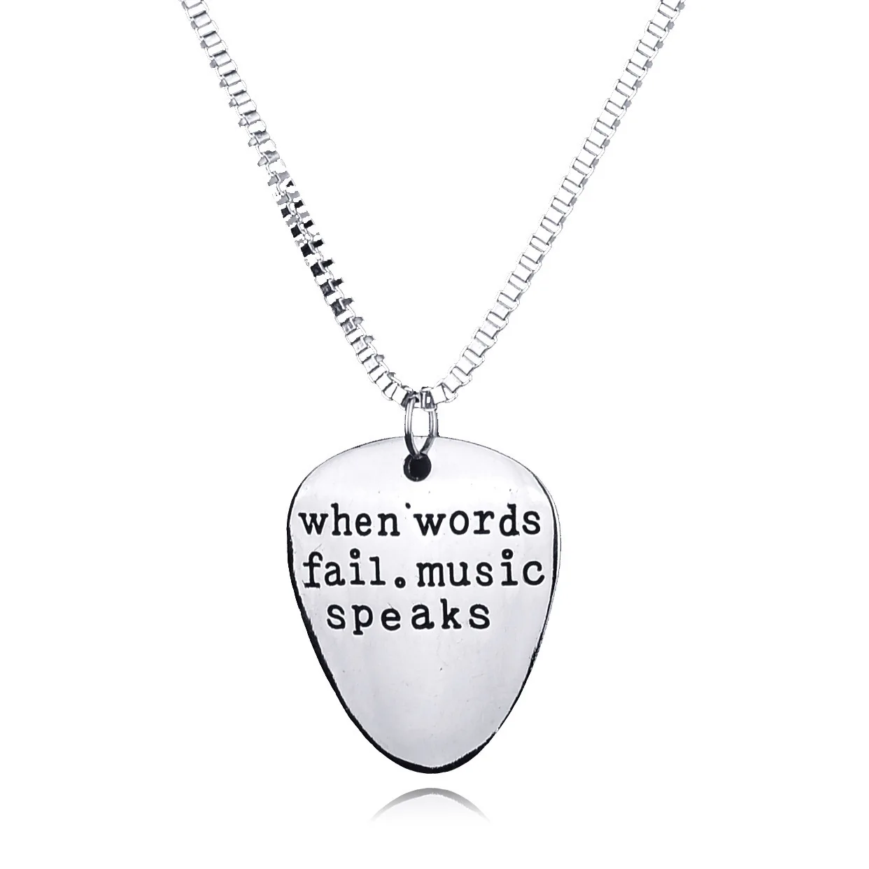 10pcs / lot High Quality Letter When words fail music speaks Silver Letter Necklace Guitar Pick collier femme jewelry anime