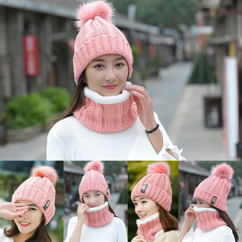 2Pcs Women Winter Scarf Hat Warm Set Solid Knitted Soft Cotton Bib Scarves