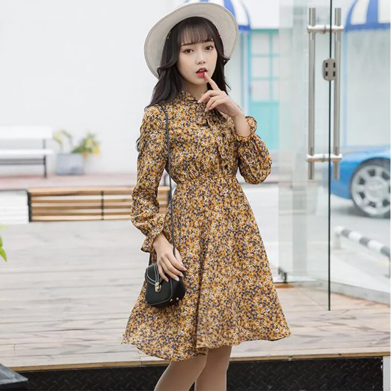 

2019 Summer Korean Chiffon Loose Women Dress Elegant Ladies Vintage Long Dress Boho Floral Long Sleeve Vestidos aa824