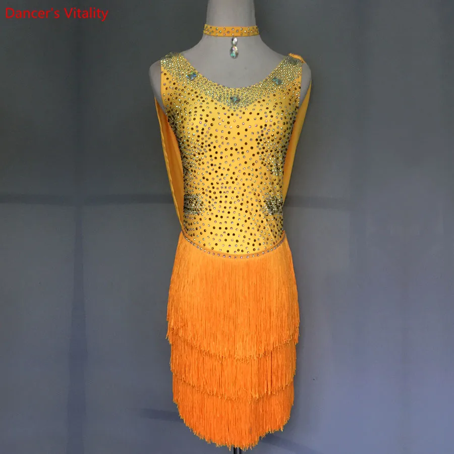 Custom Made Diamond Tassel dress Women Latin Dance Competition Dress