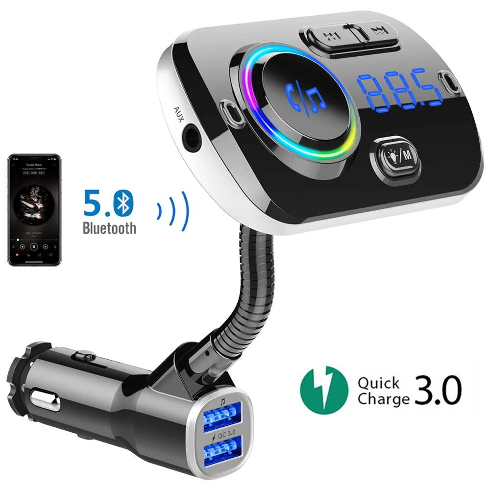 

JINSERTA Color Light Large Digital Car Mp3 Player Bluetooth 5.0 FM Transmitter QC3.0 Dual USB Charger Support AUX TF Card