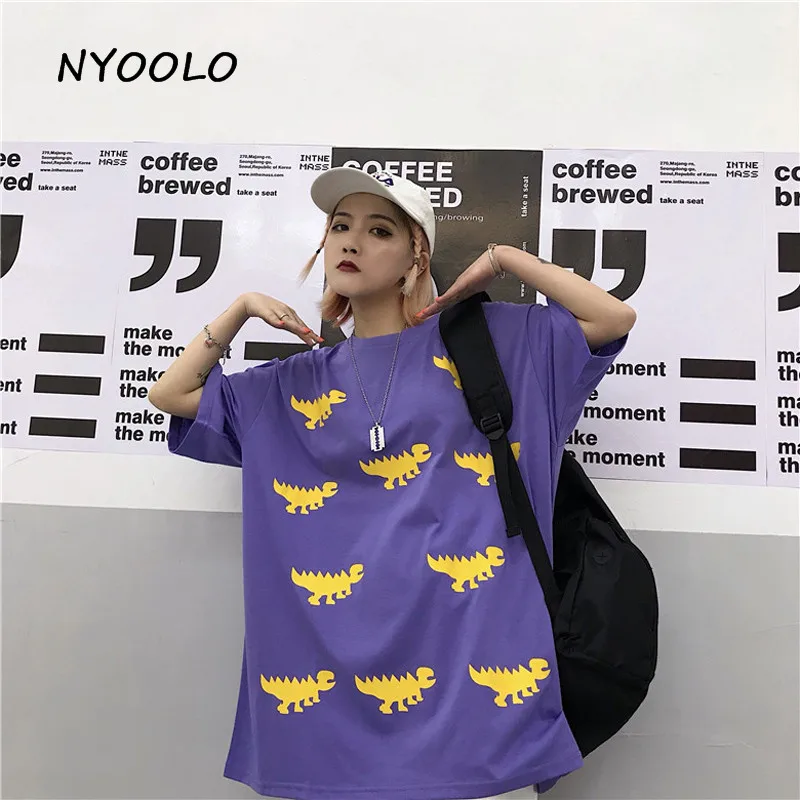 NYOOLO Harajuku стильная футболка с принтом динозавра, летняя Уличная Повседневная футболка с коротким рукавом и круглым вырезом, Женская/Мужская одежда, топы, футболки