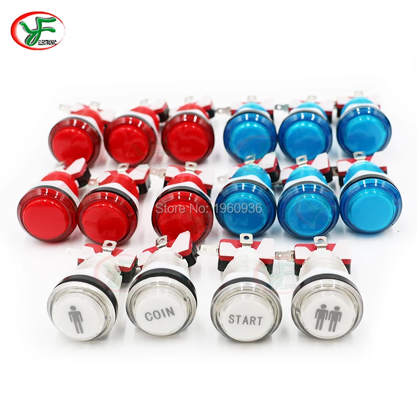 

16pcs 32mm Clear plastic push button switch 12V Illuminated Arcade Button With 1P 2P COIN START Logo For Arcade Raspberry Pi DIY