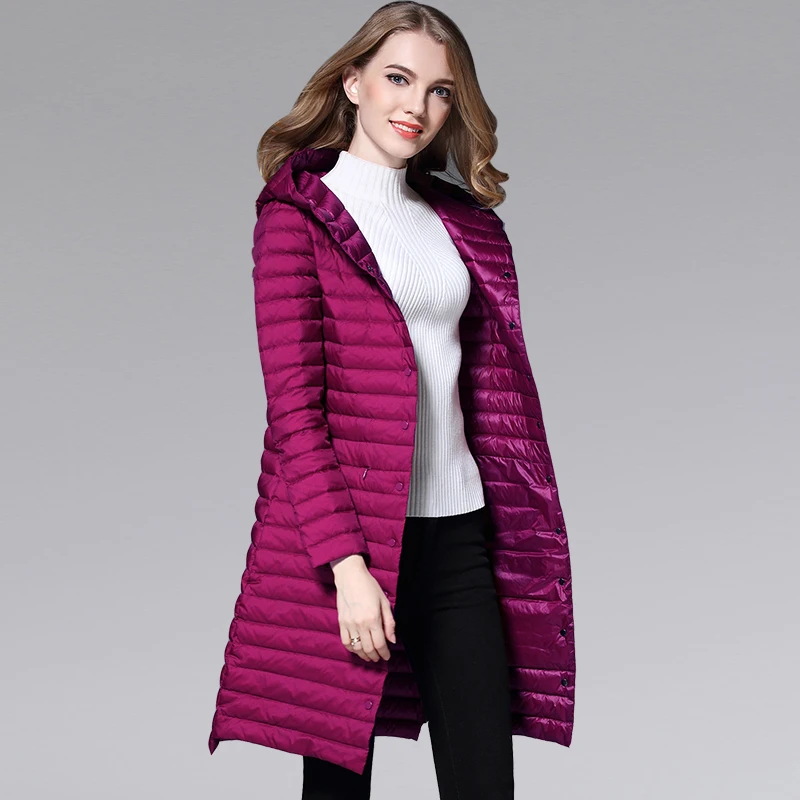 New Autumn Winter Single Breasted Thin Long Down Coats Women Hooded