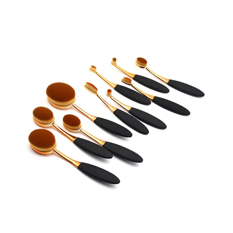 

HZS026 Foundation Brush Set 10Pcs Oval Toothbrush Soft Makeup Brushes Professional Rose Gold And Black Artificial Fiber