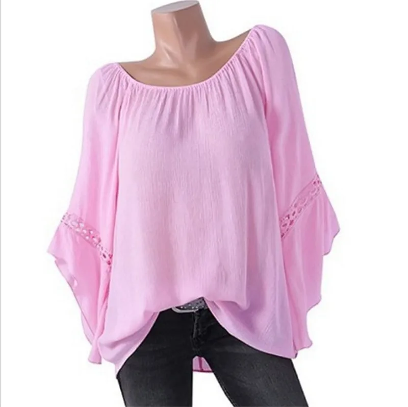  Large size Women's Blouse 2019 Europe and large size bat sleeve loose shirt solid color chiffon shi