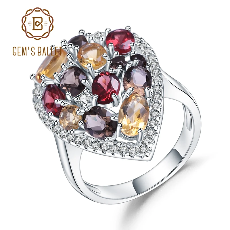 Gem's Ballet, разноцветный натуральный гранат, цитрин, дымчатый кварц, коктейльное кольцо, 925 пробы, серебряные кольца с драгоценными камнями для женщин, ювелирное изделие