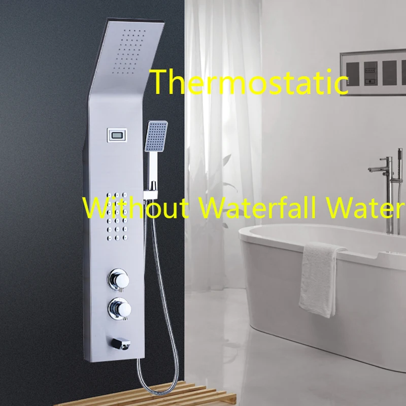 

Thermostatic 5 Ways Stainless Steel Waterfall Rain Shower Panel Wall Mounted Bathroom Shower Panel Column Towel Shower Tub Tap