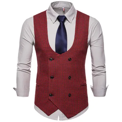 VISADA JAUNA Модная рубашка жилет осень мужской u-образный вырез в мелкую клетку двубортная рубашка жилет большого размера жилет куртка N9030 - Цвет: Red