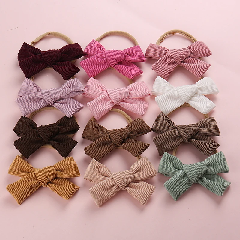 

20pc Baby Girls Corduroy Bows Nylon Headbands New Fashion Bowknot Elastic Nylon Head Wraps Teenage School Girls Hair Accessories