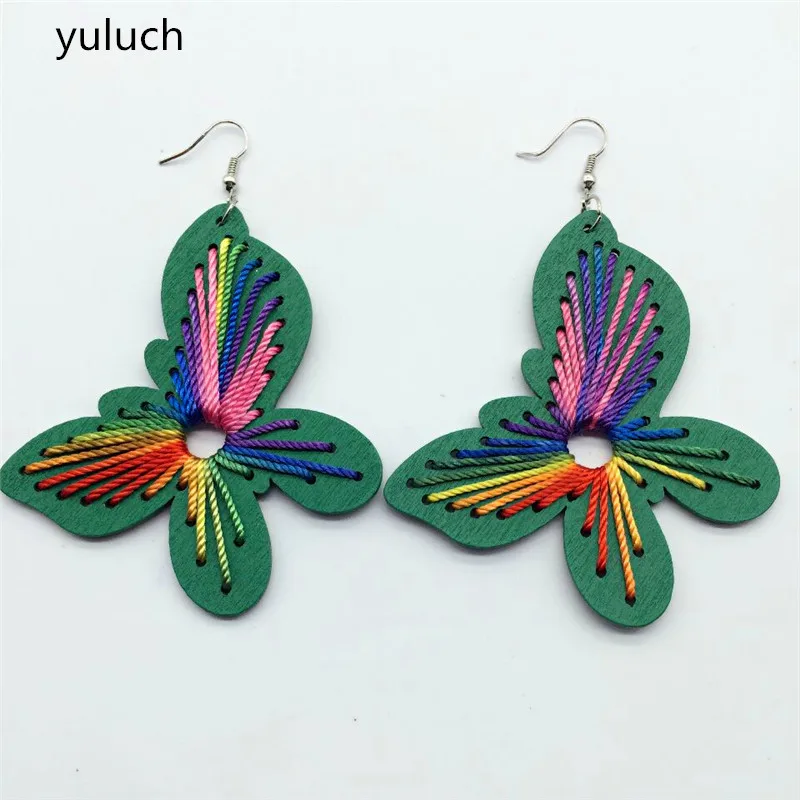 

new design personality Throad latest good quality wood colorful butterfly earrings jewelry pair 2016