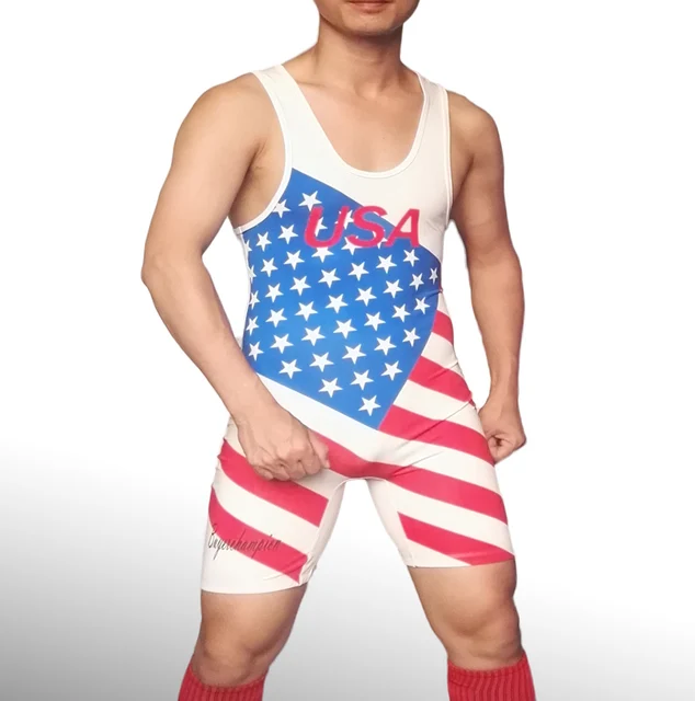 High Cut New American Flag Mens Wrestling Singlet Wrestler Leotard