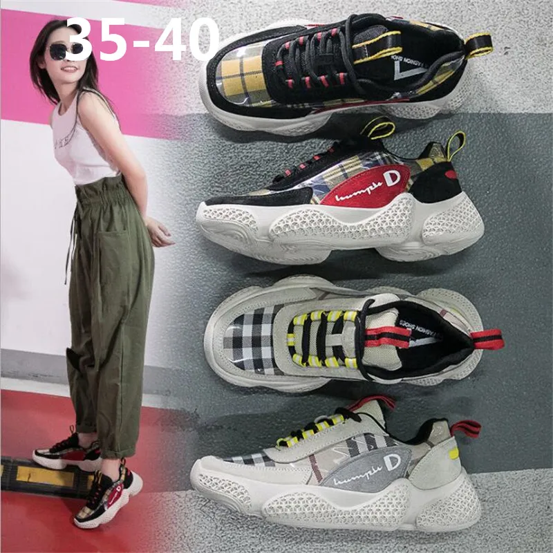 

Women's canvas plaid thick bottom fashion color matching breathable comfortable outdoor sports walking party holiday sneakers