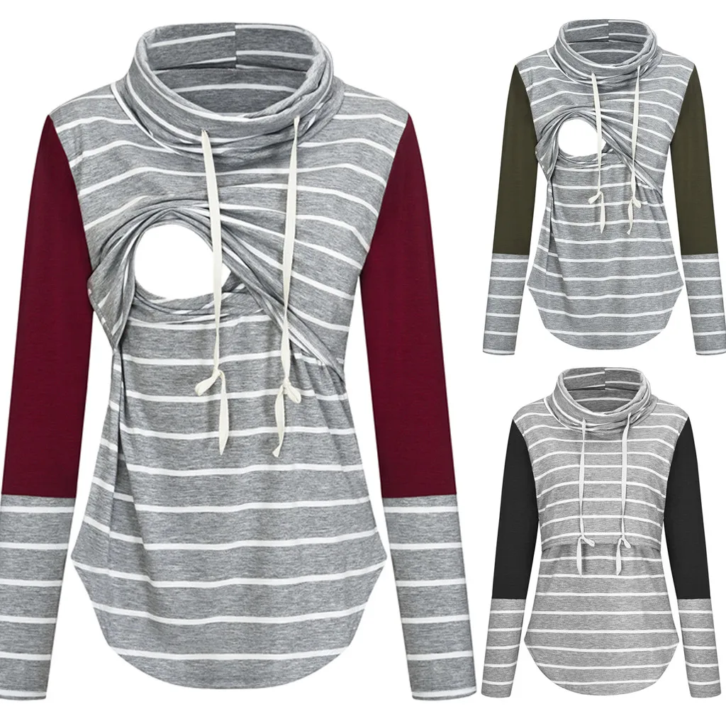 

Women Pregnant Clothings Autume Comfortable Nusring Maternity Long Sleeve Tops Splicing Stripe Blouse Tops Mother Clothes Tees