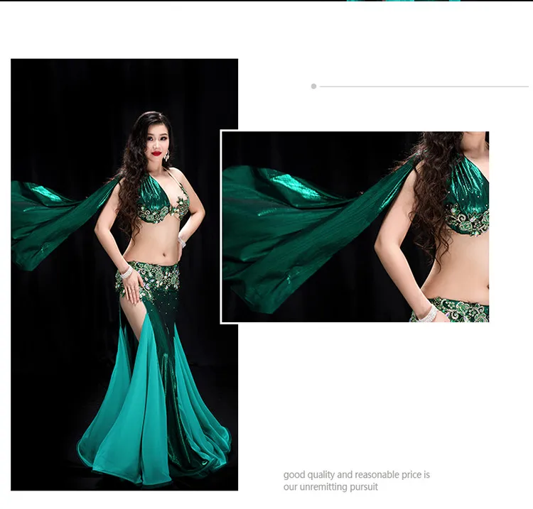 Bling Bling Sequin Oriental Dance Outfit Women 2 Piece Bellydance Performance Costume Bra Fishtail Skirt Sexy Dark Green