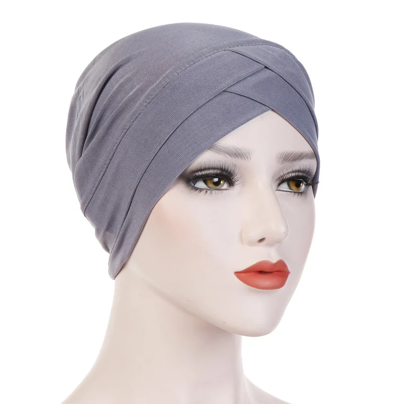 Женская элегантная эластичная шляпа тюрбан налобный крест индийская шляпа Головной убор химиотерапия шляпа однотонная цветная бандана мусульманский шарф хиджаб Кепка
