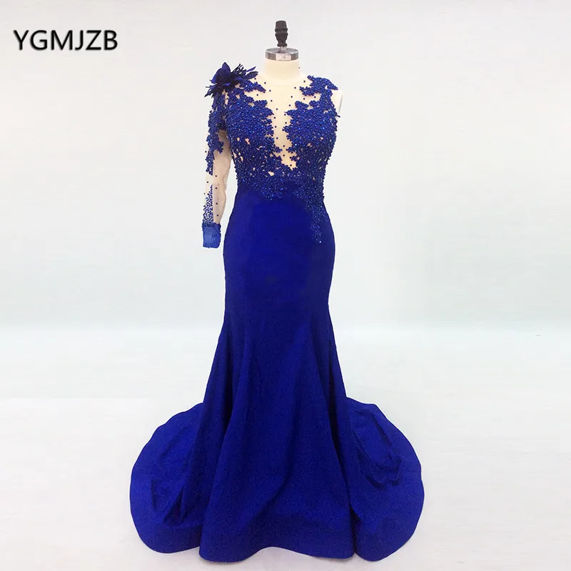 Evening Dress Long 2019 Mermaid One Shoulder Bead Flower Full Sleeves Backless Royal Blue Formal Party Prom Gown Robe De Soiree